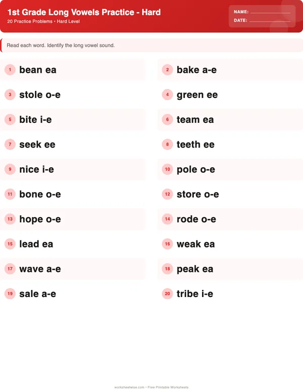 1st Grade Long Vowels Worksheets - Christmas Theme (Hard)