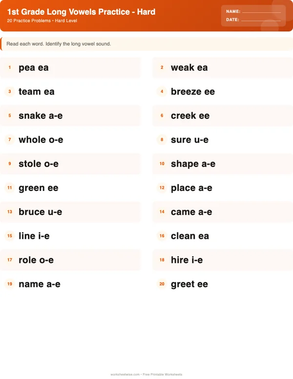 1st Grade Long Vowels Worksheets - Halloween Theme (Hard)