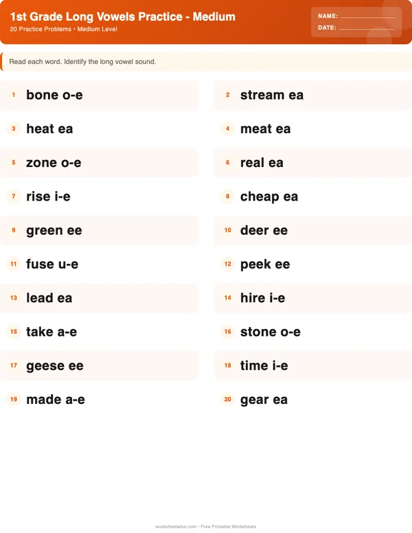 1st Grade Long Vowels Worksheets - Halloween Theme (Medium)