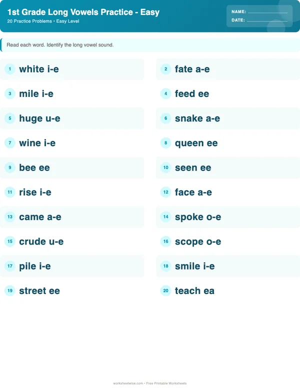 1st Grade Long Vowels Worksheets - Ocean Theme (Easy)