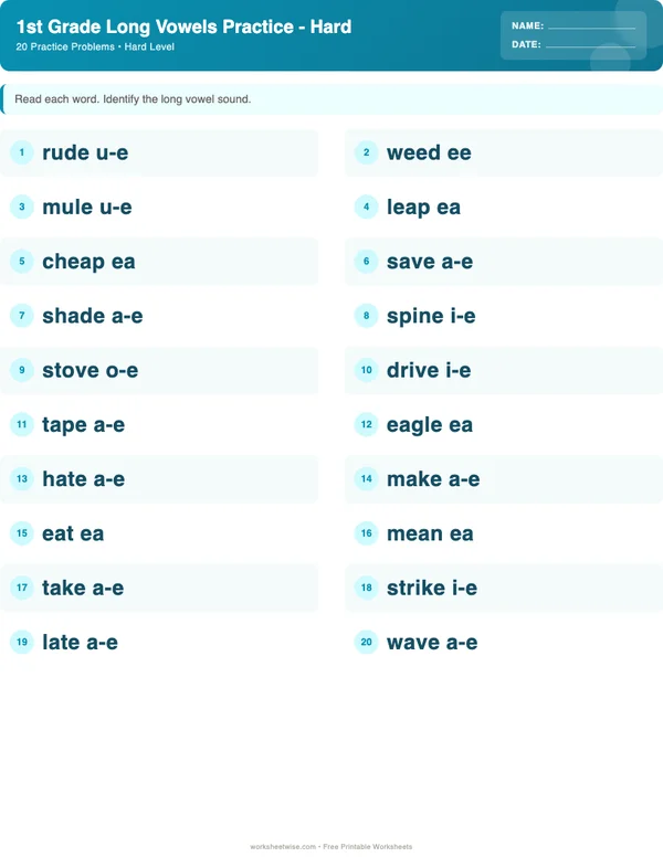 1st Grade Long Vowels Worksheets - Ocean Theme (Hard)