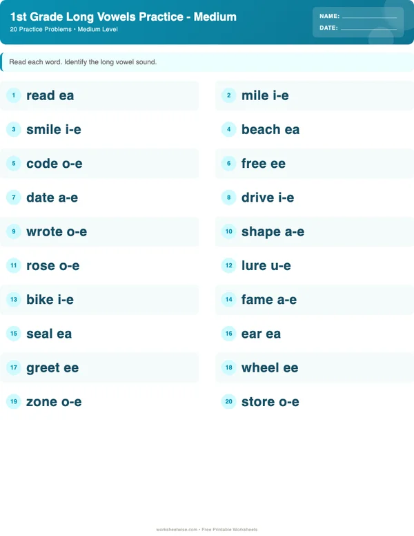 1st Grade Long Vowels Worksheets - Ocean Theme (Medium)