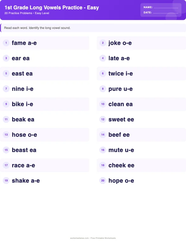 1st Grade Long Vowels Worksheets - Space Theme (Easy)
