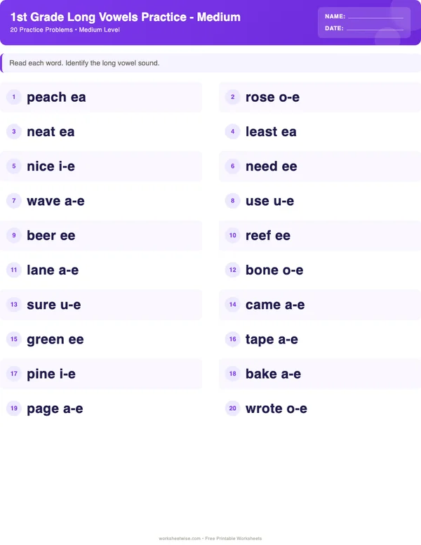 1st Grade Long Vowels Worksheets - Space Theme (Medium)