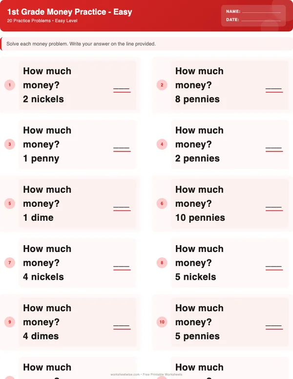 1st Grade Money Worksheets - Christmas Theme (Easy)