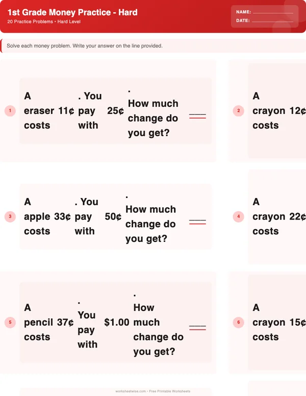 1st Grade Money Worksheets - Christmas Theme (Hard)