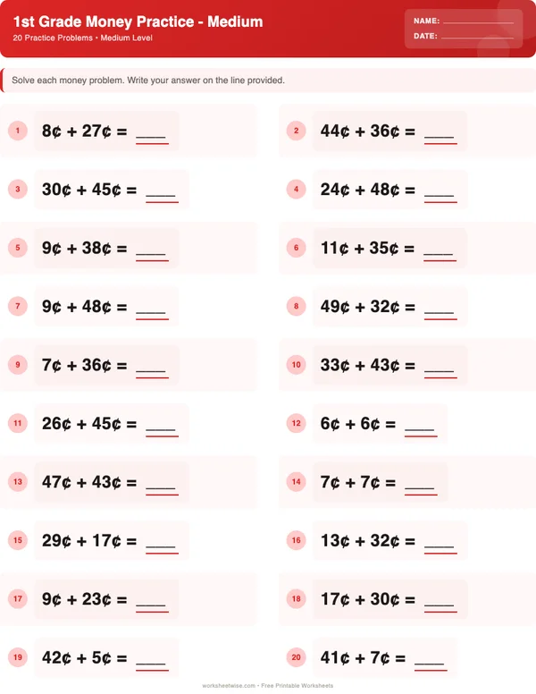 1st Grade Money Worksheets - Christmas Theme (Medium)