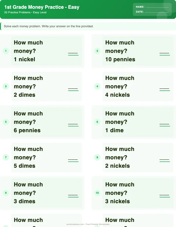 1st Grade Money Worksheets - Dinosaur Theme (Easy)