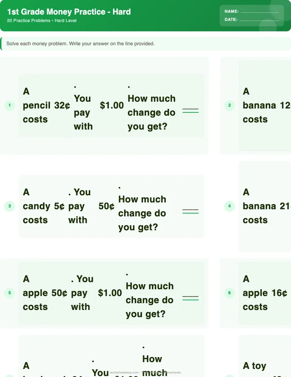 1st Grade Money Worksheets - Dinosaur Theme (Hard)