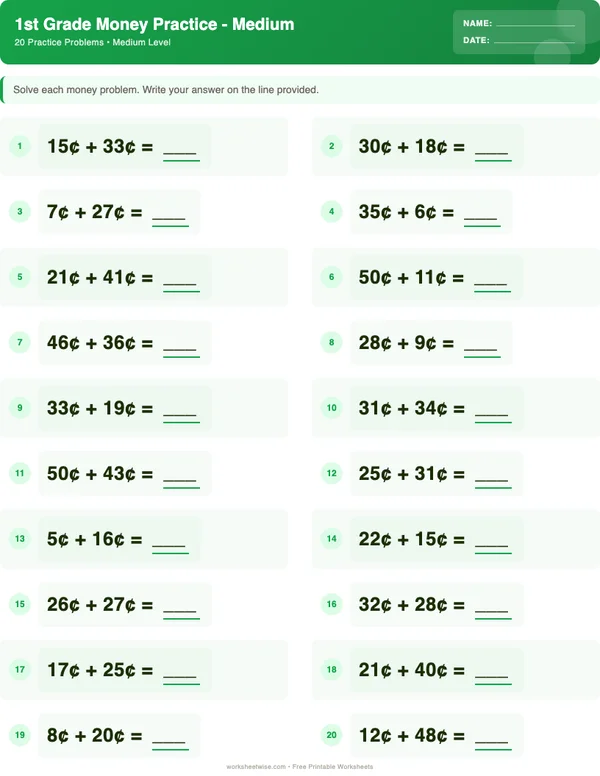 1st Grade Money Worksheets - Dinosaur Theme (Medium)