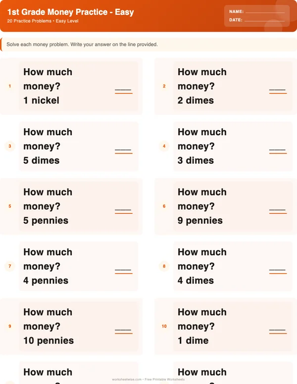 1st Grade Money Worksheets - Halloween Theme (Easy)