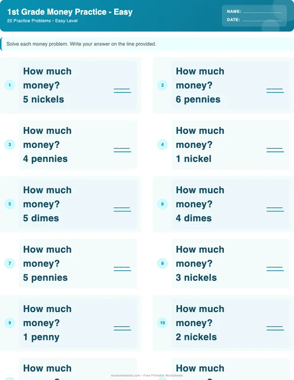 1st Grade Money Worksheets - Ocean Theme (Easy)