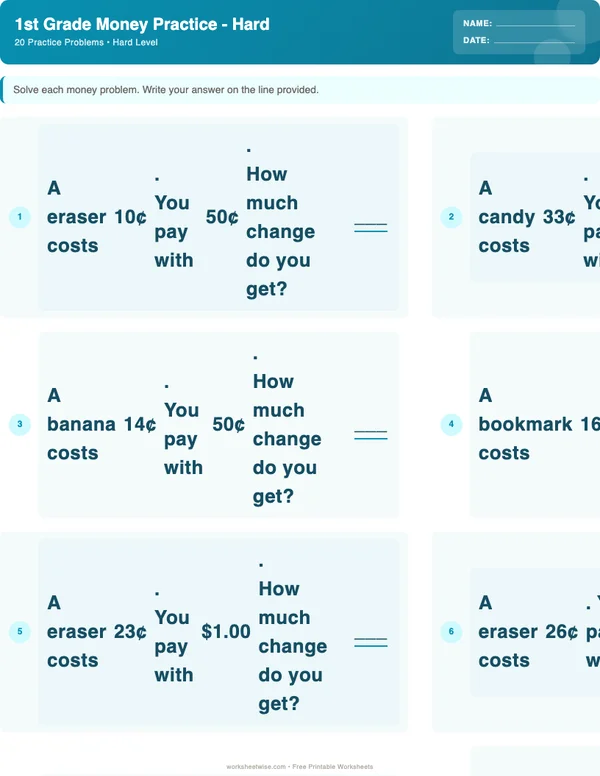 1st Grade Money Worksheets - Ocean Theme (Hard)