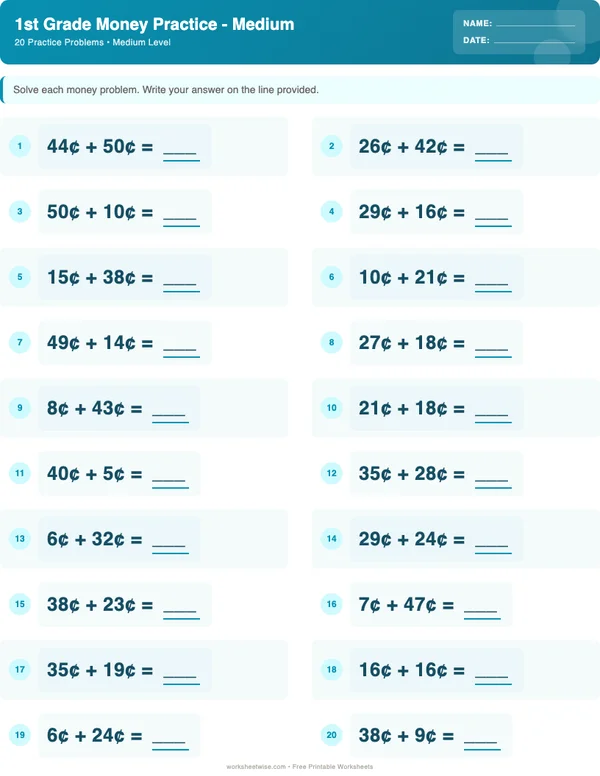 1st Grade Money Worksheets - Ocean Theme (Medium)