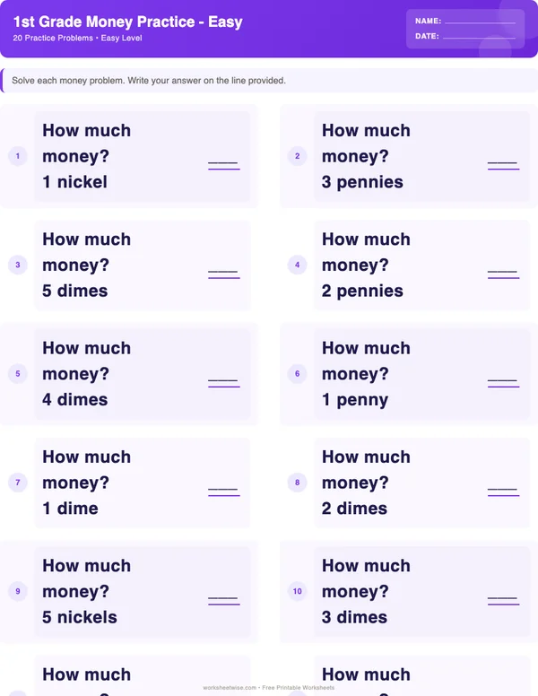 1st Grade Money Worksheets - Space Theme (Easy)