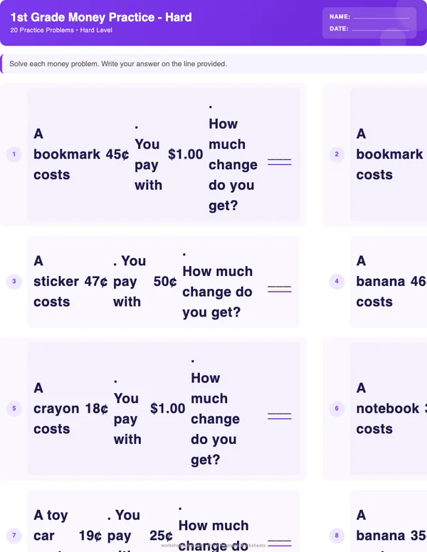 1st Grade Money Worksheets - Space Theme (Hard)