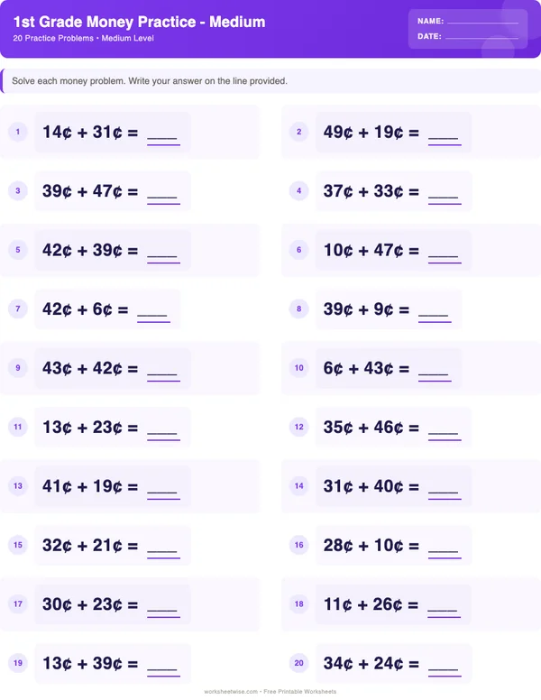 1st Grade Money Worksheets - Space Theme (Medium)