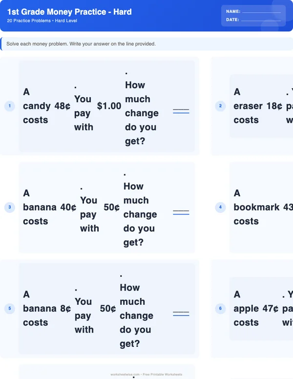 1st Grade Money Worksheets - Standard Theme (Hard)