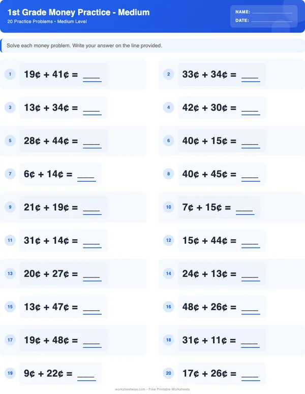 1st Grade Money Worksheets - Standard Theme (Medium)