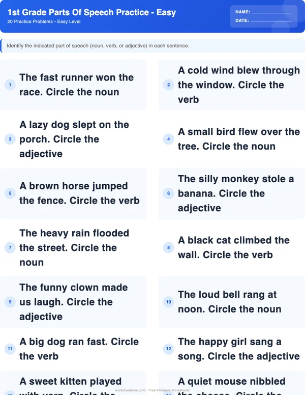1st Grade Parts of Speech Worksheets - Standard Theme (Easy)