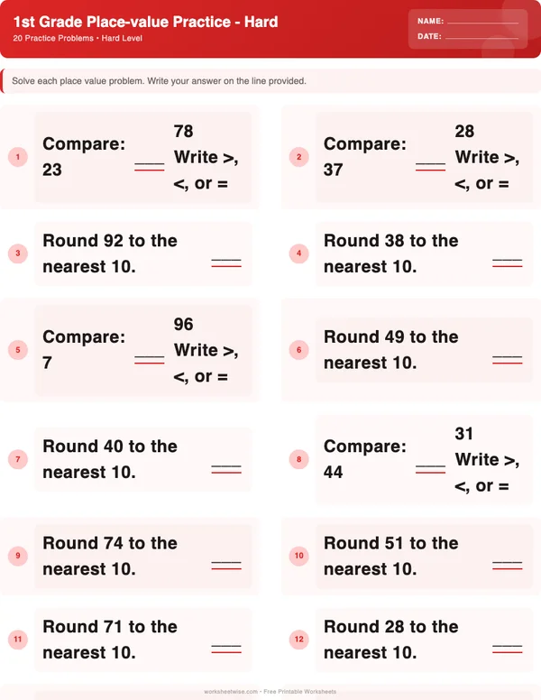 1st Grade Place Value Worksheets - Christmas Theme (Hard)