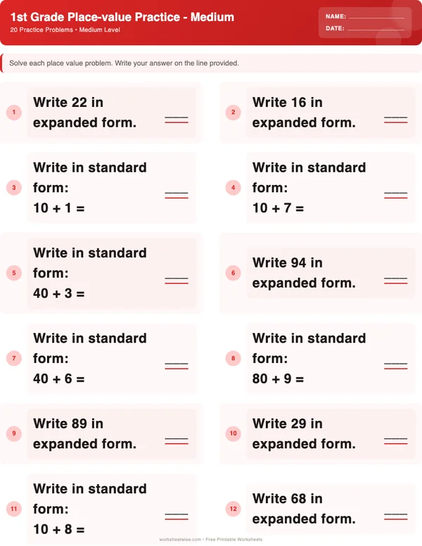 1st Grade Place Value Worksheets - Christmas Theme (Medium)