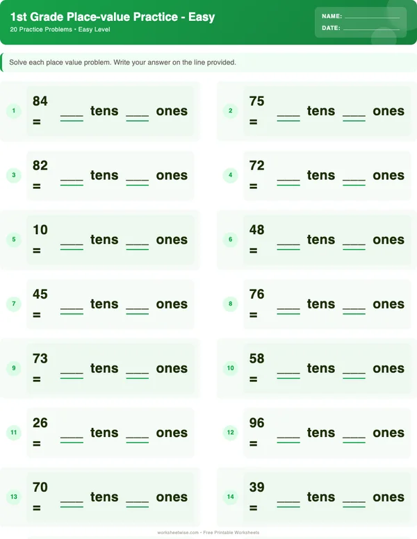 1st Grade Place Value Worksheets - Dinosaur Theme (Easy)