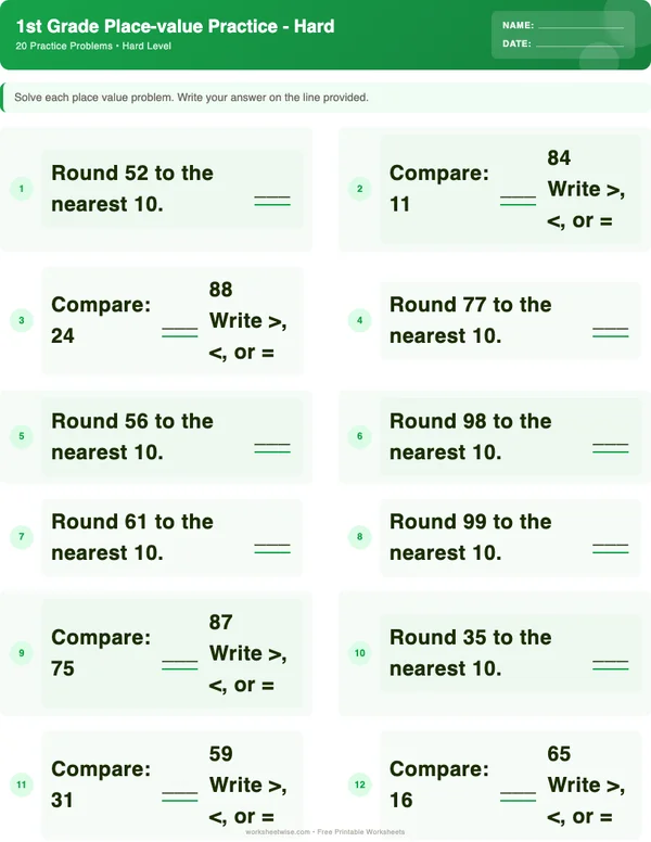 1st Grade Place Value Worksheets - Dinosaur Theme (Hard)