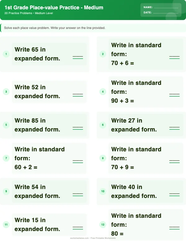 1st Grade Place Value Worksheets - Dinosaur Theme (Medium)