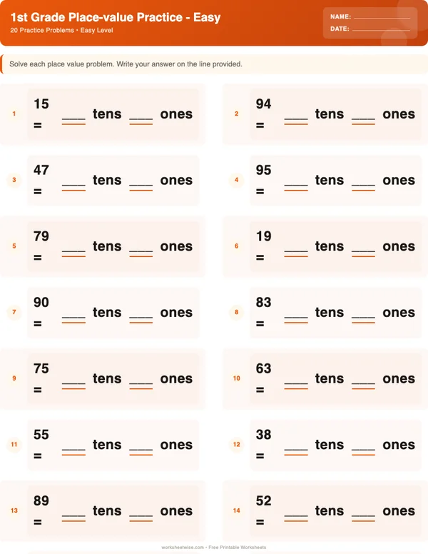 1st Grade Place Value Worksheets - Halloween Theme (Easy)