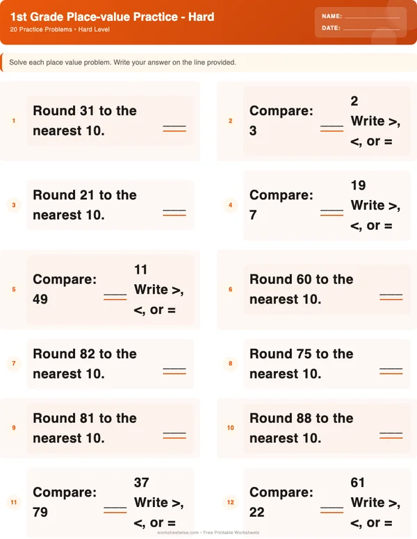 1st Grade Place Value Worksheets - Halloween Theme (Hard)