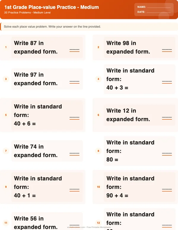 1st Grade Place Value Worksheets - Halloween Theme (Medium)
