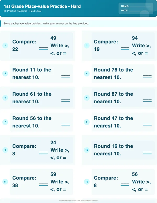 1st Grade Place Value Worksheets - Ocean Theme (Hard)