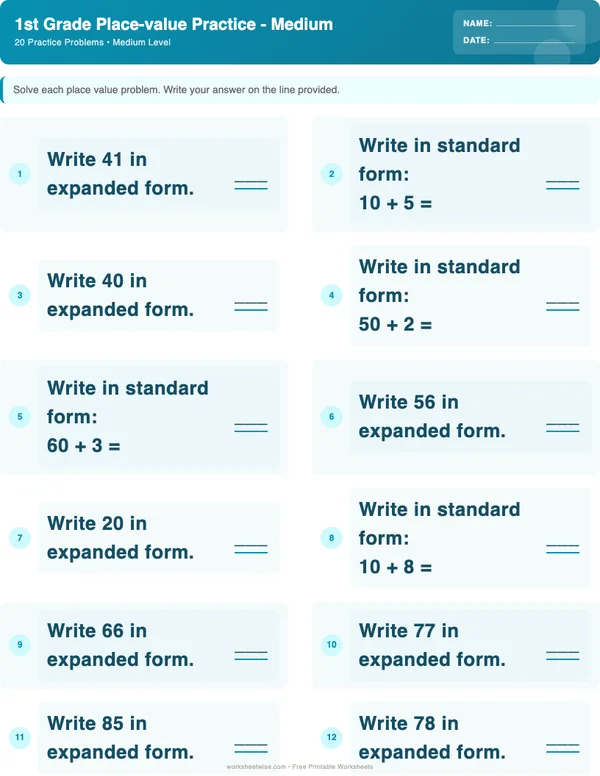 1st Grade Place Value Worksheets - Ocean Theme (Medium)