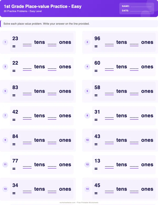 1st Grade Place Value Worksheets - Space Theme (Easy)