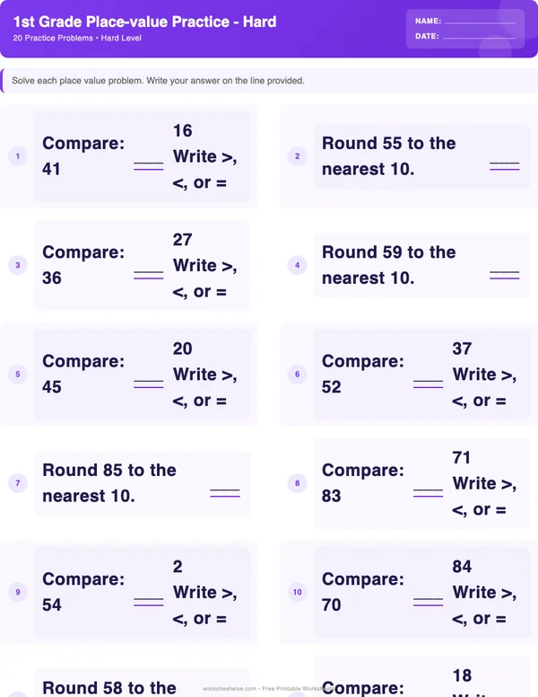 1st Grade Place Value Worksheets - Space Theme (Hard)