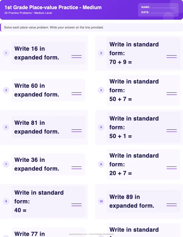 1st Grade Place Value Worksheets - Space Theme (Medium)