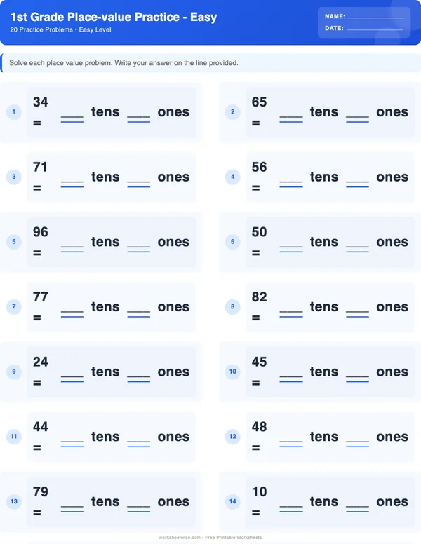 1st Grade Place Value Worksheets - Standard Theme (Easy)