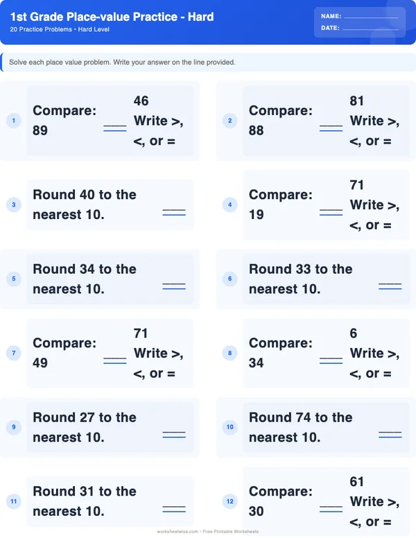 1st Grade Place Value Worksheets - Standard Theme (Hard)