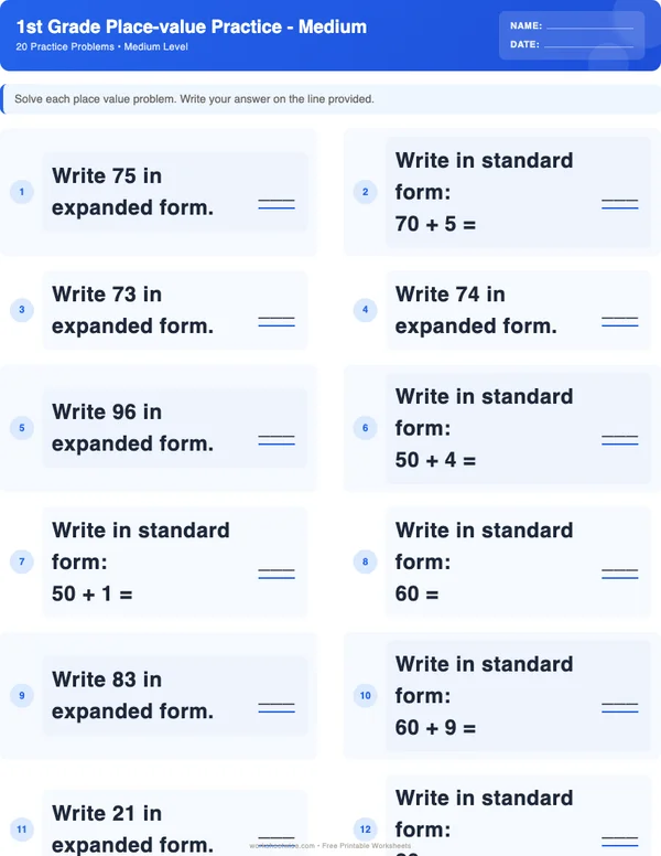1st Grade Place Value Worksheets - Standard Theme (Medium)