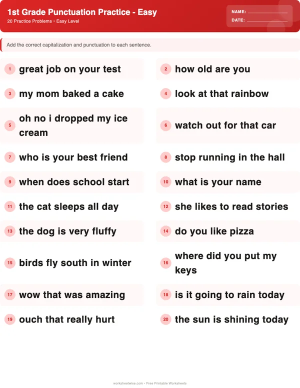 1st Grade Punctuation Worksheets - Christmas Theme (Easy)