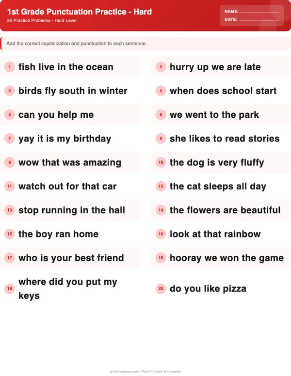 1st Grade Punctuation Worksheets - Christmas Theme (Hard)