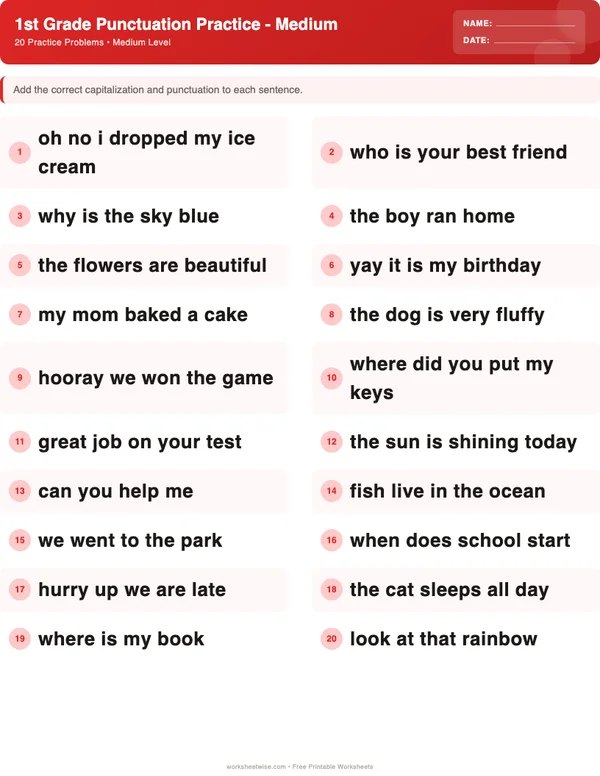 1st Grade Punctuation Worksheets - Christmas Theme (Medium)