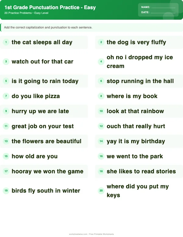 1st Grade Punctuation Worksheets - Dinosaur Theme (Easy)