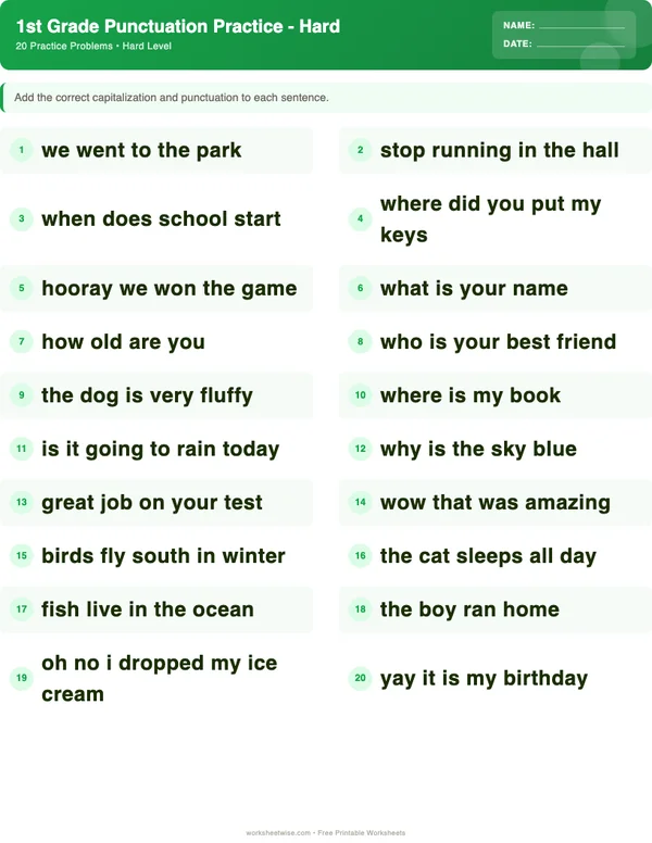 1st Grade Punctuation Worksheets - Dinosaur Theme (Hard)