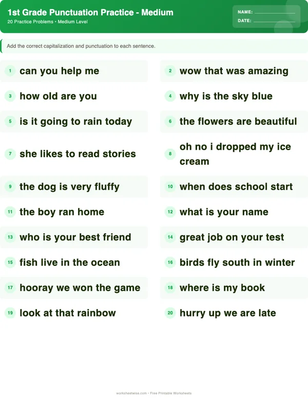 1st Grade Punctuation Worksheets - Dinosaur Theme (Medium)