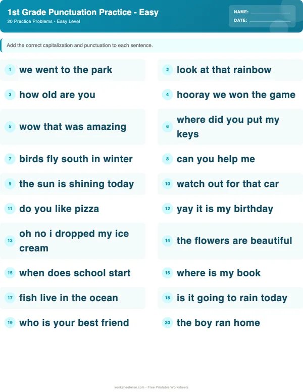 1st Grade Punctuation Worksheets - Ocean Theme (Easy)