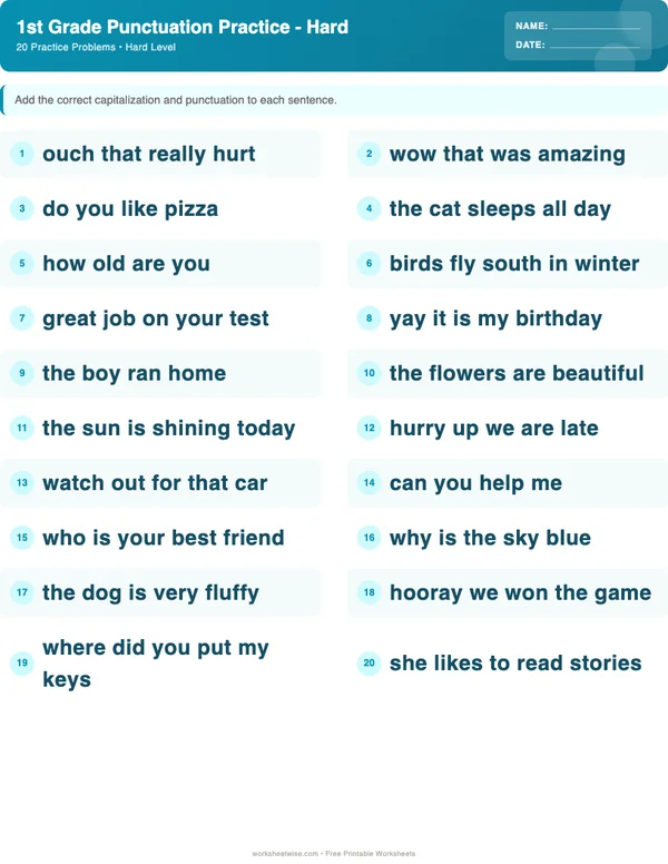 1st Grade Punctuation Worksheets - Ocean Theme (Hard)