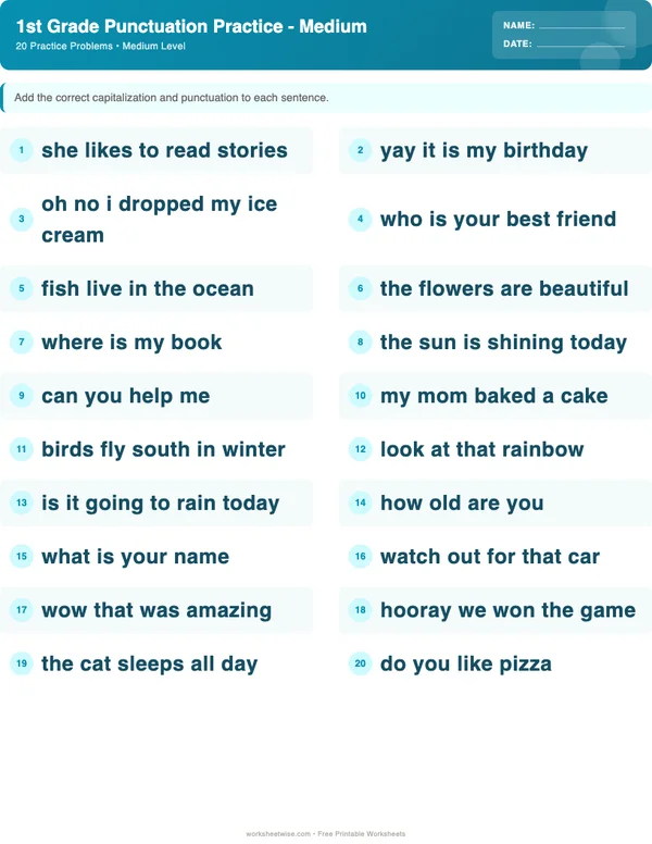 1st Grade Punctuation Worksheets - Ocean Theme (Medium)