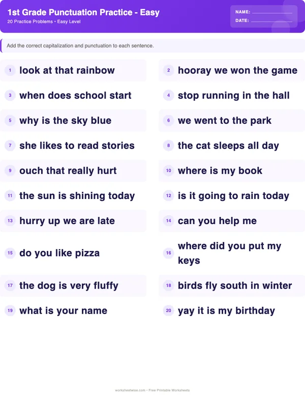 1st Grade Punctuation Worksheets - Space Theme (Easy)